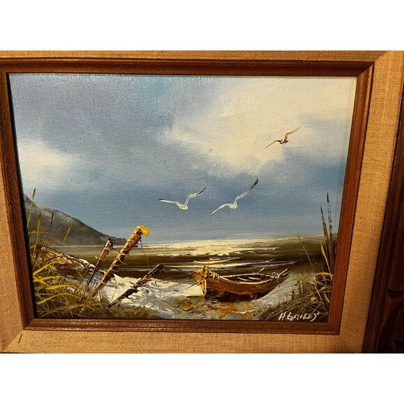 H GAILEY Original Oil Painting on board BIRDS SEASCAPE WAVES Small framed